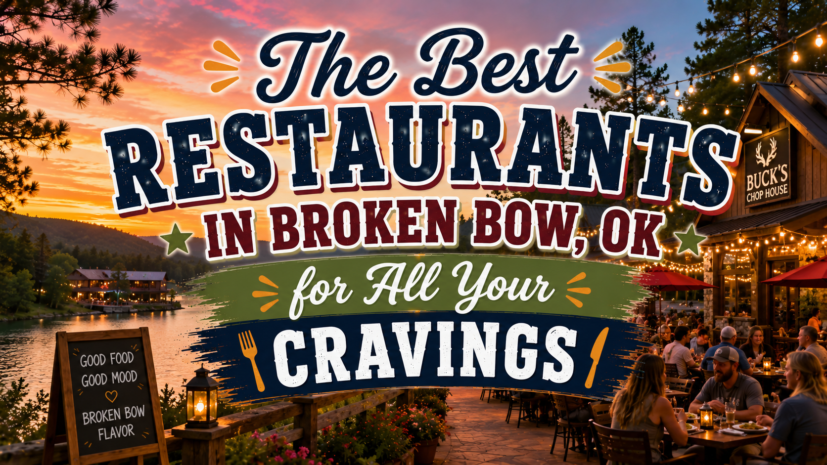 Promotional graphic for the best restaurants in Broken Bow, OK, with a warm sunset dining scene and bold text.