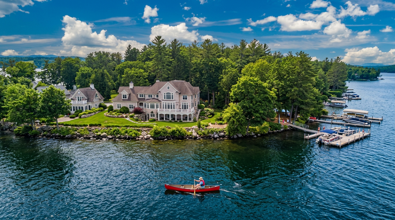 Lakeside home on a tree-lined shore with docks and a red kayak on calm blue water under a bright sky