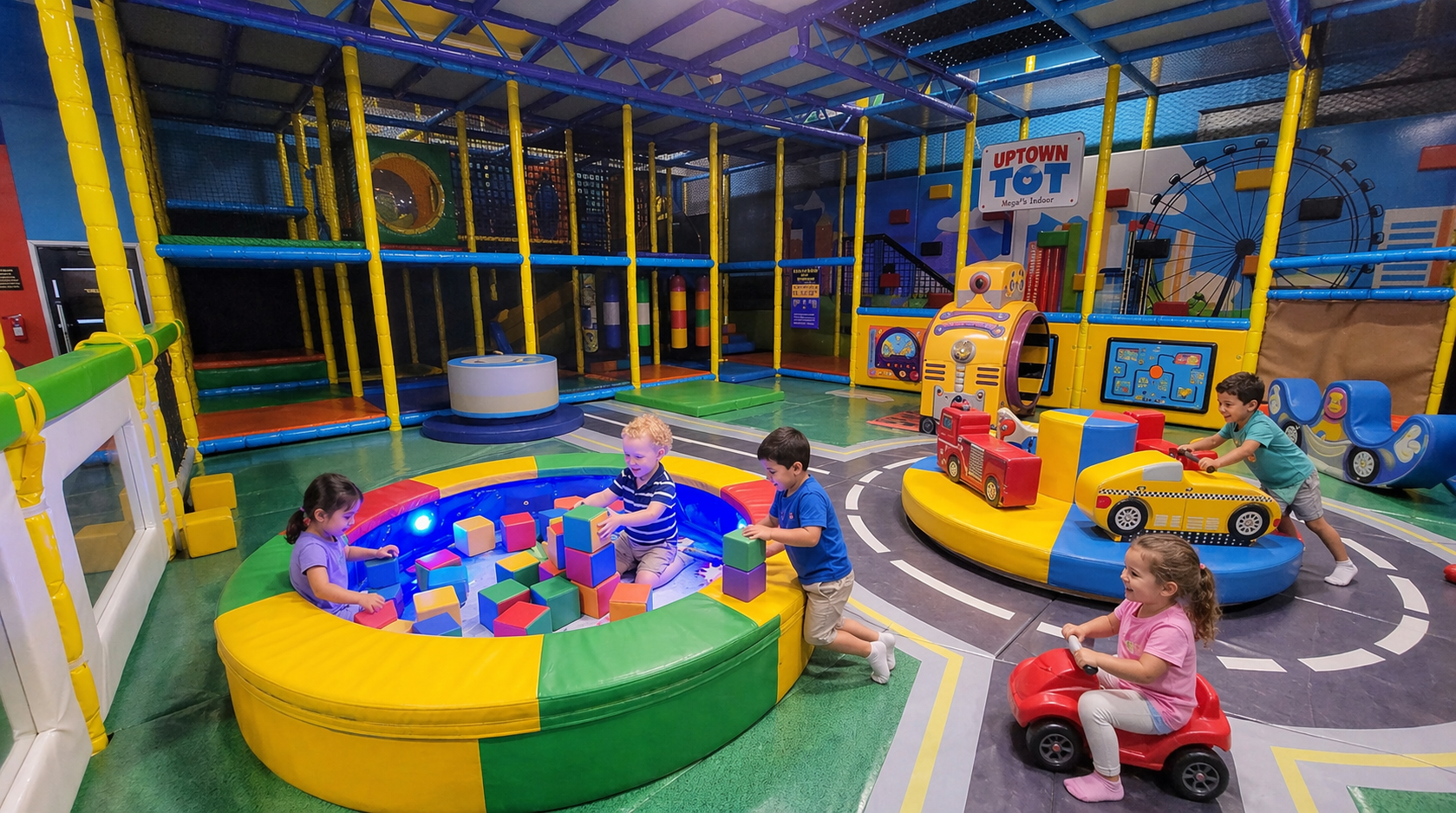 Colorful indoor play area with children riding toy cars and playing in a ball pit and climbing structure