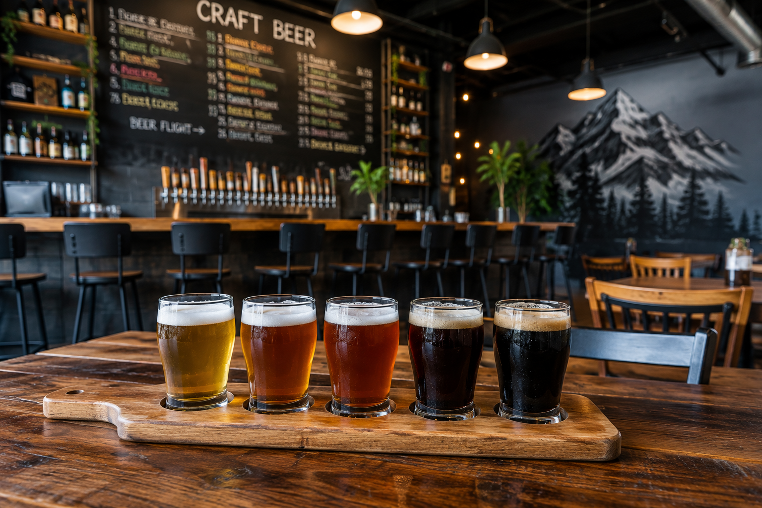 Five craft beers lined up on a wooden tray in a cozy brewery bar interior