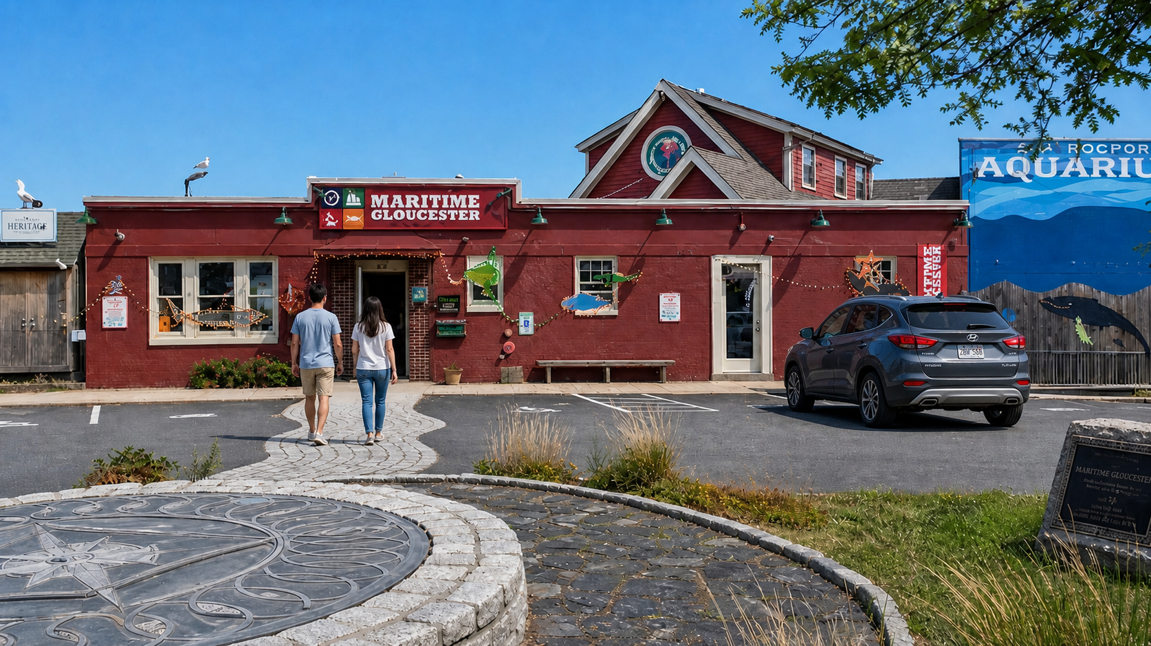 Red brick aquarium building with people walking outside and a parked black car under a blue sky