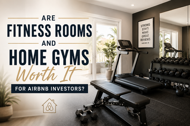 Modern home gym with treadmill, dumbbells, and motivational text about fitness rooms for Airbnb investors