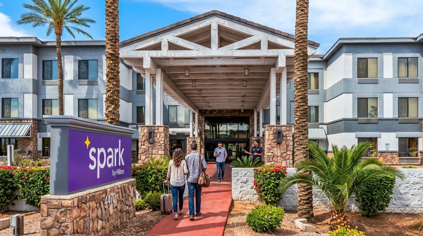 Entrance to Spark hotel with a red walkway, palm trees, and guests entering the building