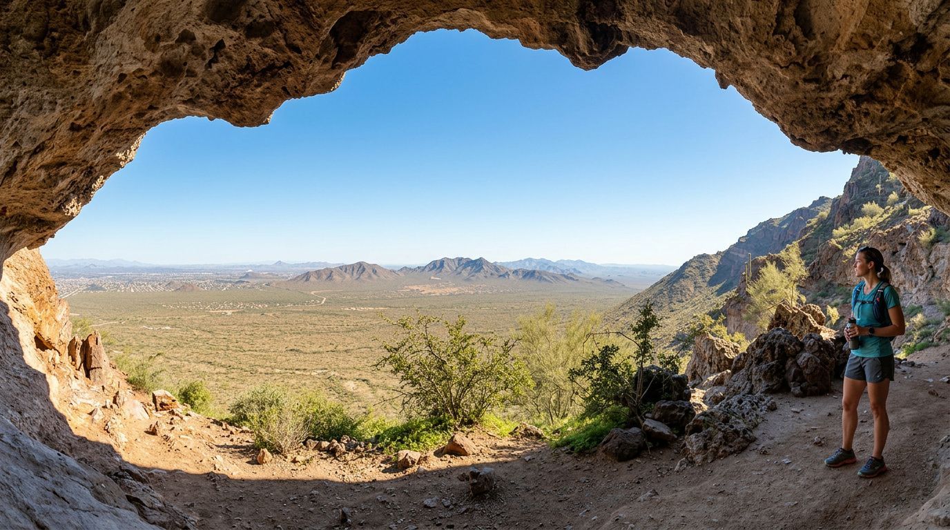 View from a cave opening over a desert valley, with a hiker standing at right.