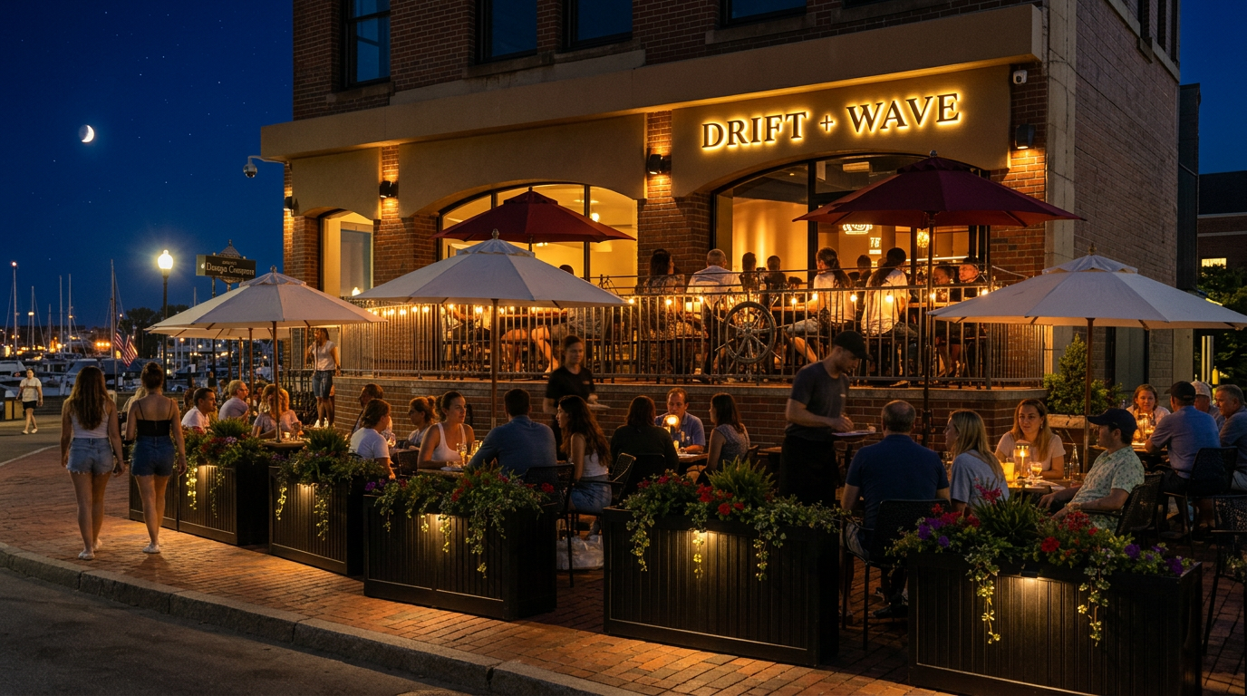 Outdoor restaurant patio at dusk, with diners under umbrellas and warm lights outside a brick building.