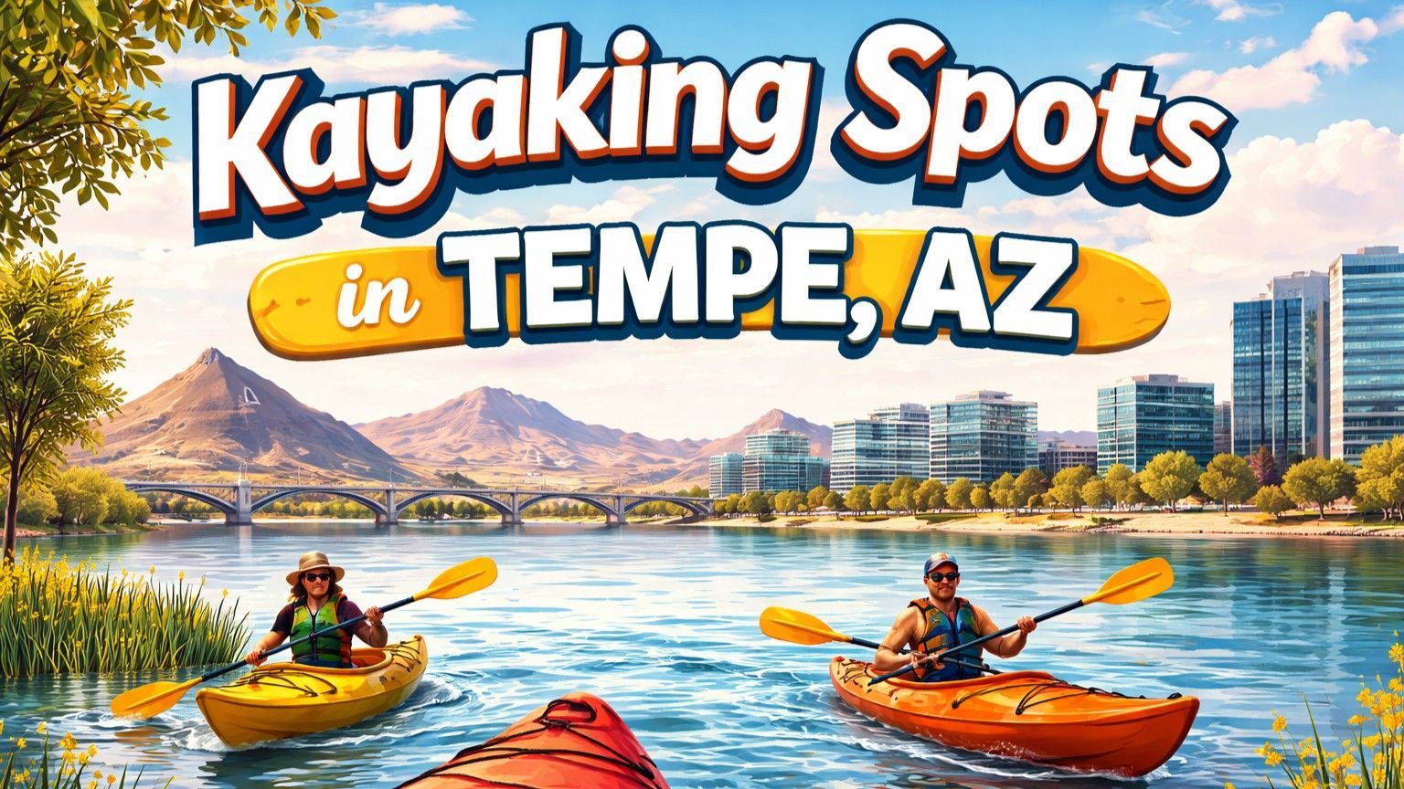 Kayaking in Tempe, AZ. Two people paddle kayaks on water. Buildings and mountains visible in background.