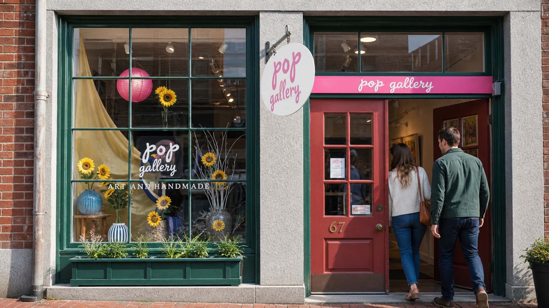 Two people enter a pink pottery shop with a large window display of sunflowers and ceramics
