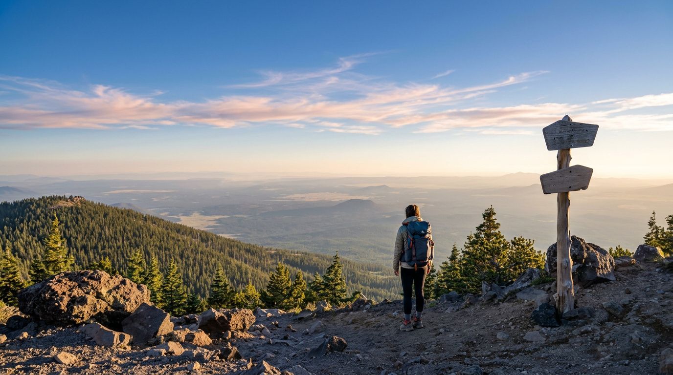 Hiker overlooking a sunlit mountain valley at dawn beside a trail sign.