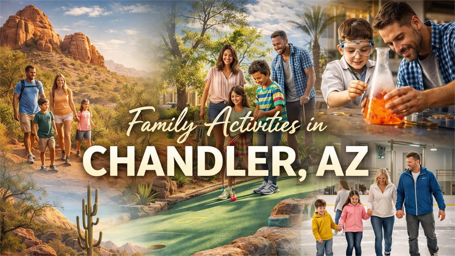Families enjoying activities in Chandler, Arizona: hiking, mini golf, ice skating, making drinks.