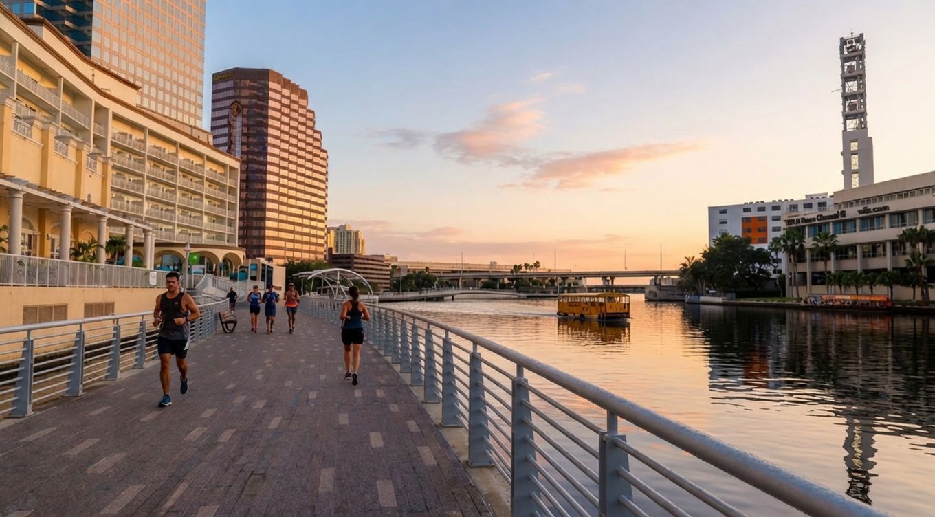 People walking along a riverside promenade at sunset, with buildings and calm water reflecting the sky.