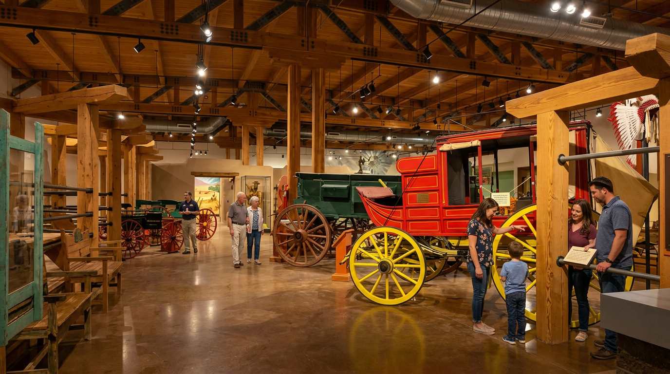 Historic carriage exhibit in a wooden barn, with a red wagon, yellow wheels, and visitors walking around