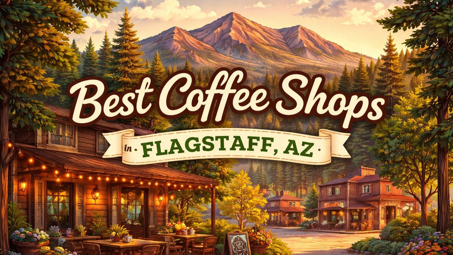 A cozy, rustic wooden coffee shop set in a pine forest at sunset with a large mountain peak in the background.