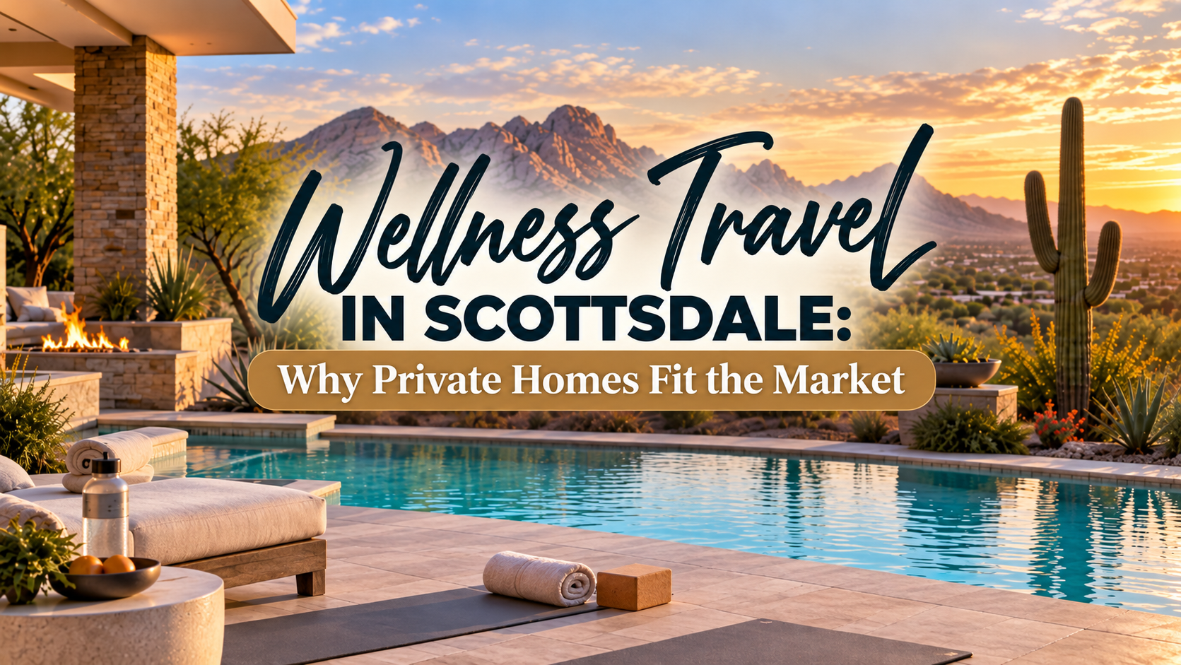Luxurious Scottsdale poolside patio at sunset with text: “Wellness Travel in Scottsdale: Why Private Homes Fit the Market”