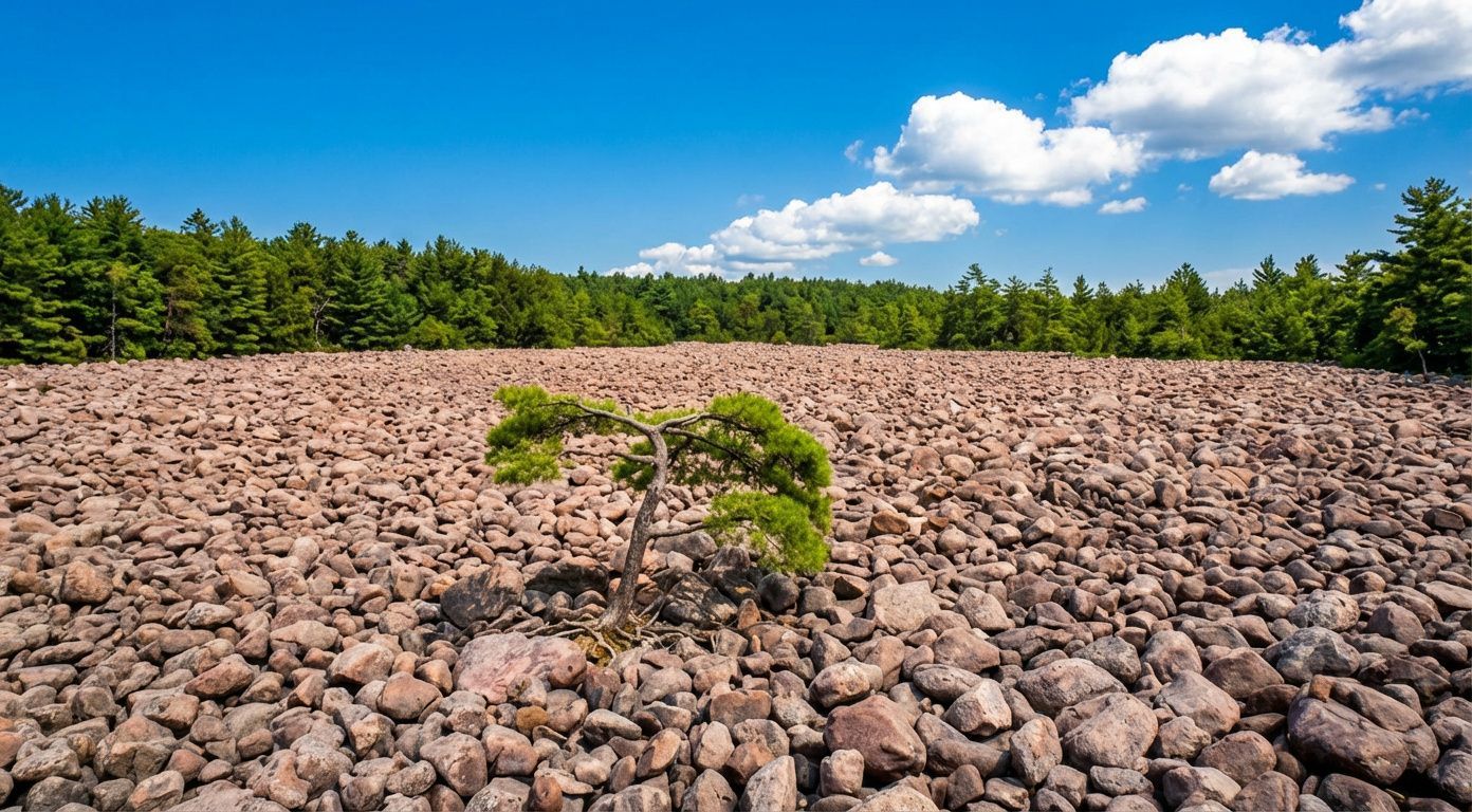 Young tree sapling on a rocky hillside under a blue sky with clouds and a green forest line