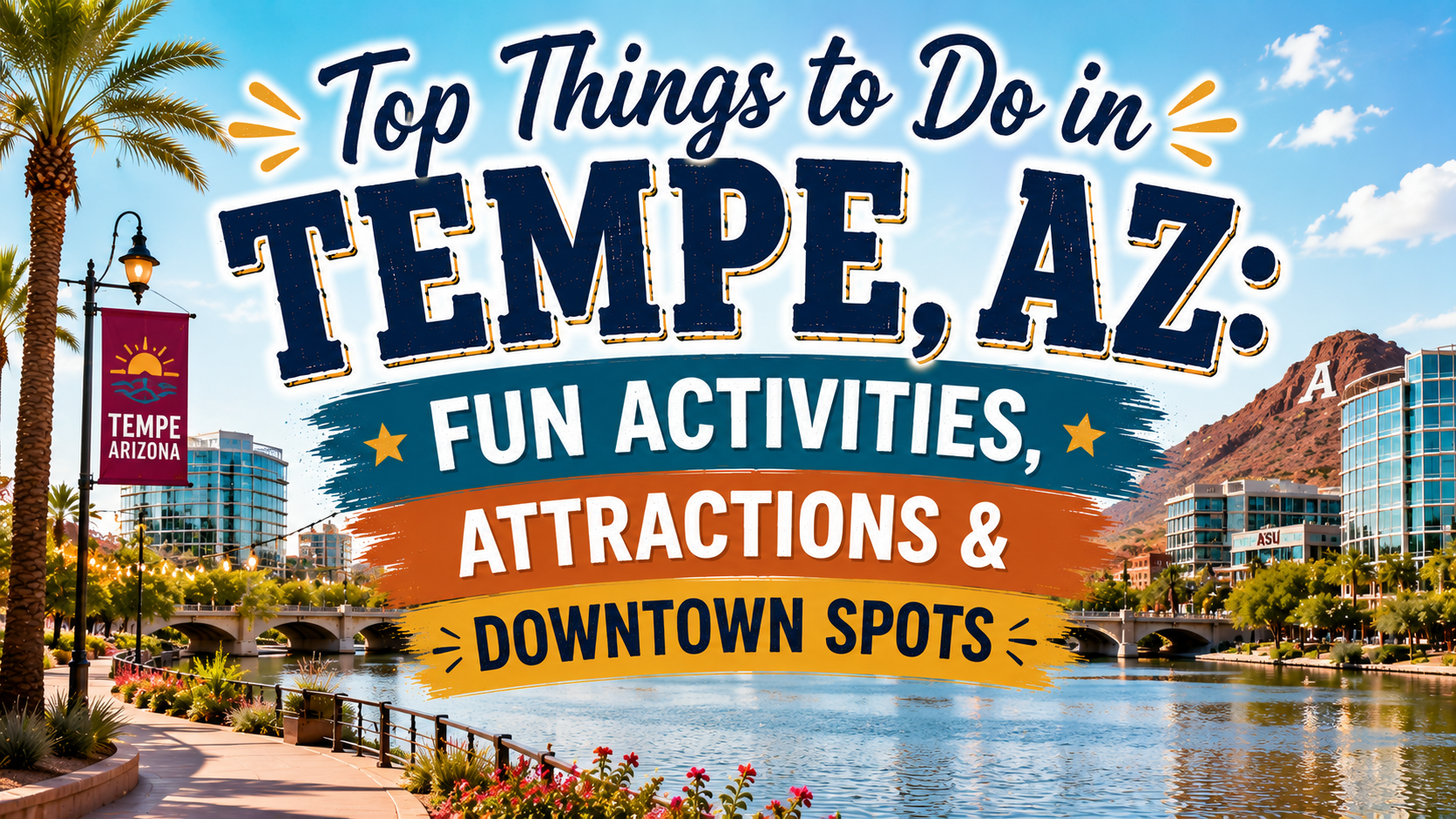 Promotional graphic for Tempe, AZ with palm trees, canal skyline, and text: fun activities, attractions, downtown spots