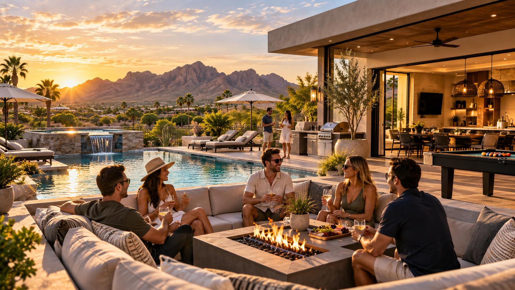 Friends gathered around a fire pit on a resort patio at sunset, with a pool and mountains in the background.