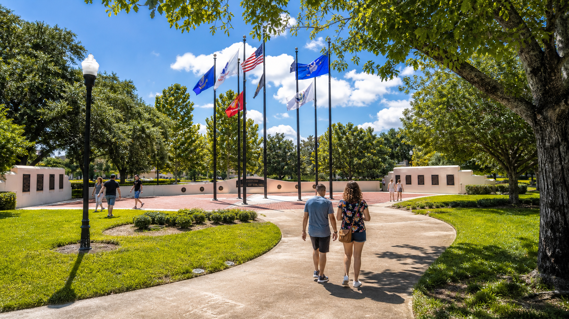 Two people walking on a path toward flagpoles in a sunny park with trees and landscaped grass