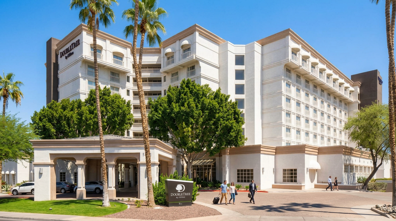 White multi-story hotel with palm trees and a sunny entrance driveway outdoors