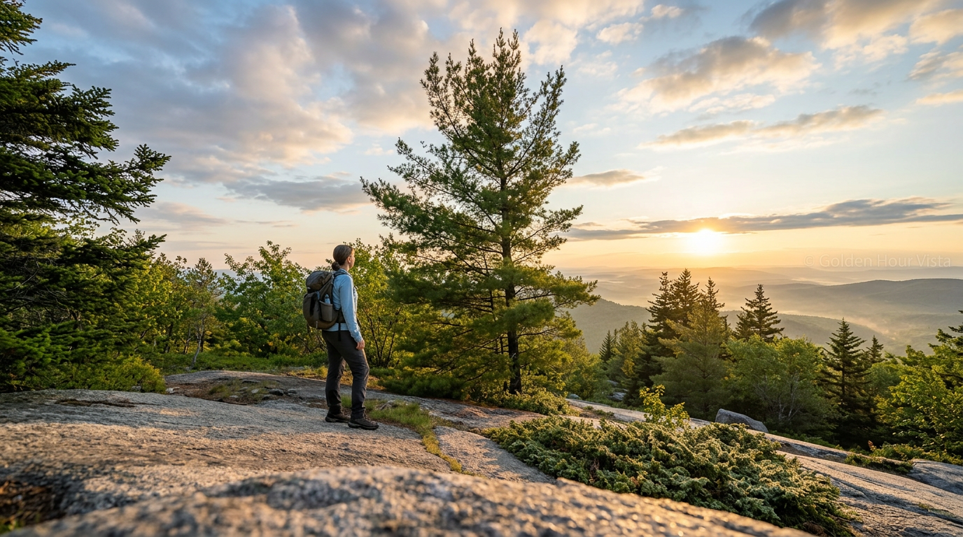 Person standing on a rocky overlook at sunset, overlooking a valley with trees and mountains.