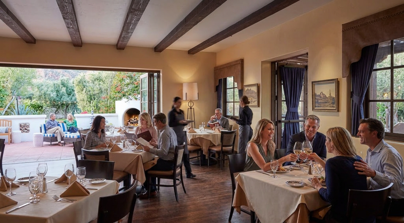 Dining room with people seated at white-tablecloth tables, talking and eating near open windows and wooden beams.