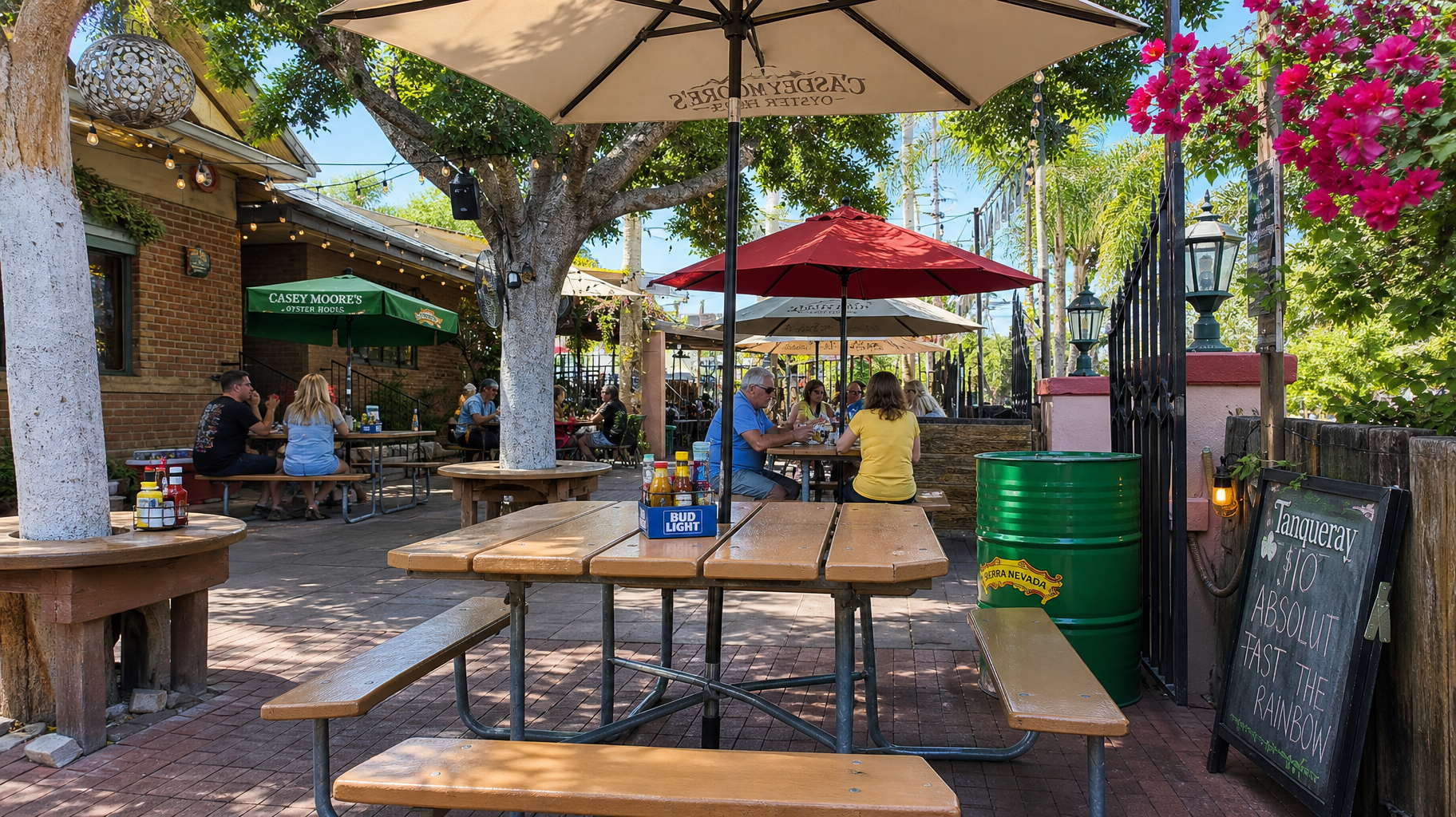Outdoor café patio with wooden picnic tables, umbrellas, and green barrels under trees in bright sunlight