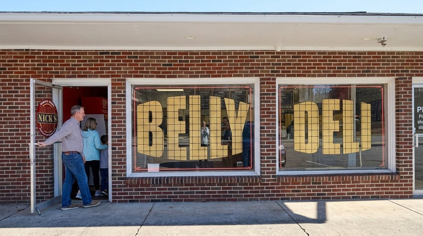 Person standing at a brick storefront with large gold “BELLY DELI” window signs.