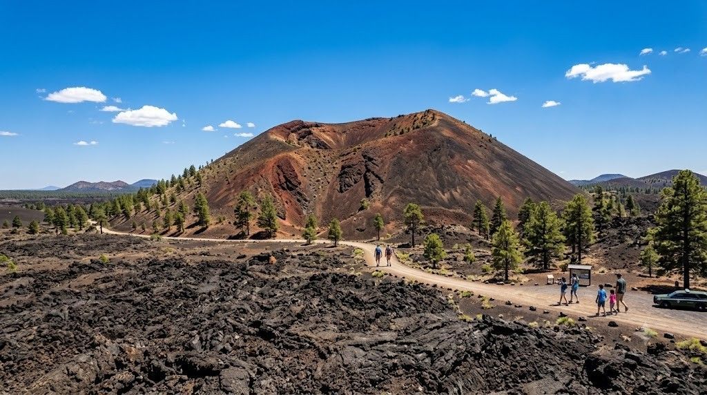 Volcanic landscape with a cinder cone, lava field, and visitors on a trail under a blue sky