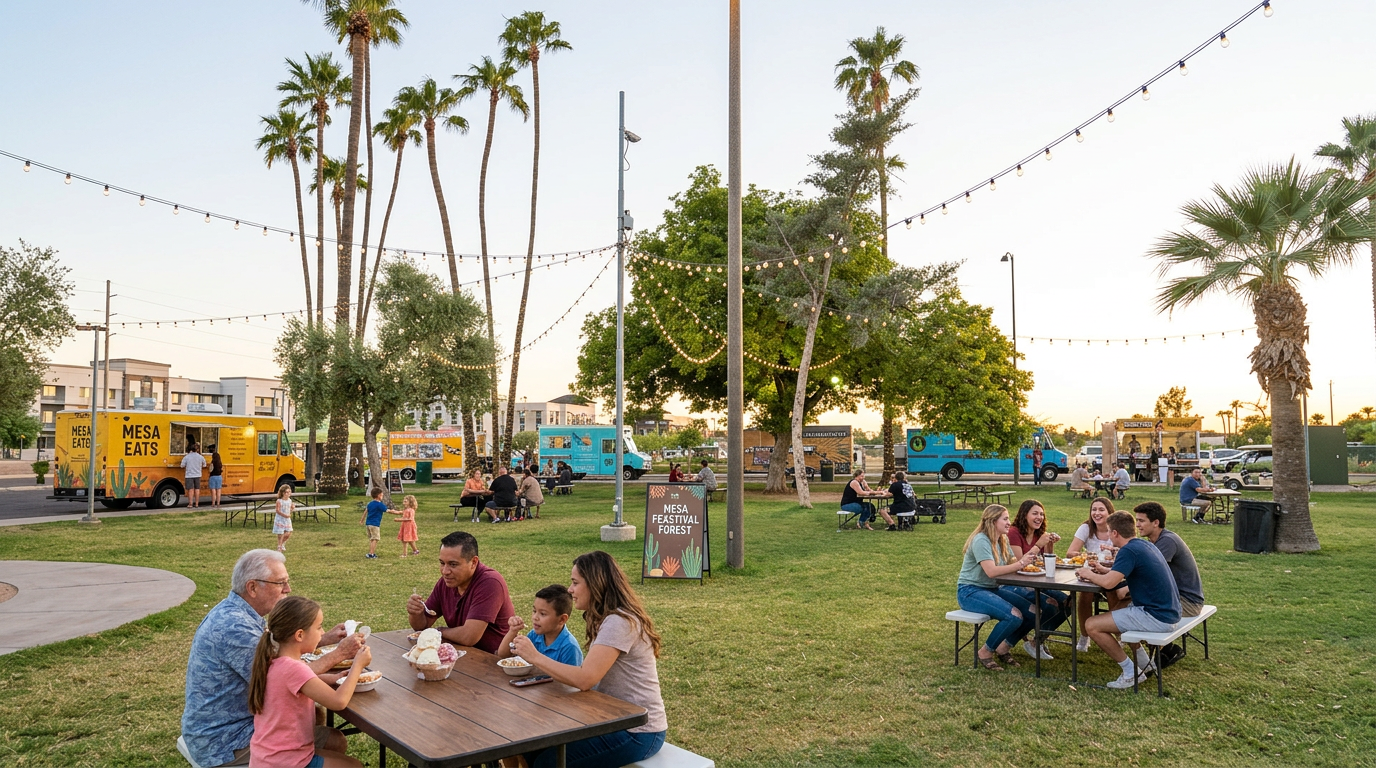 People sitting at picnic tables in a grassy park with palm trees and string lights at sunset.