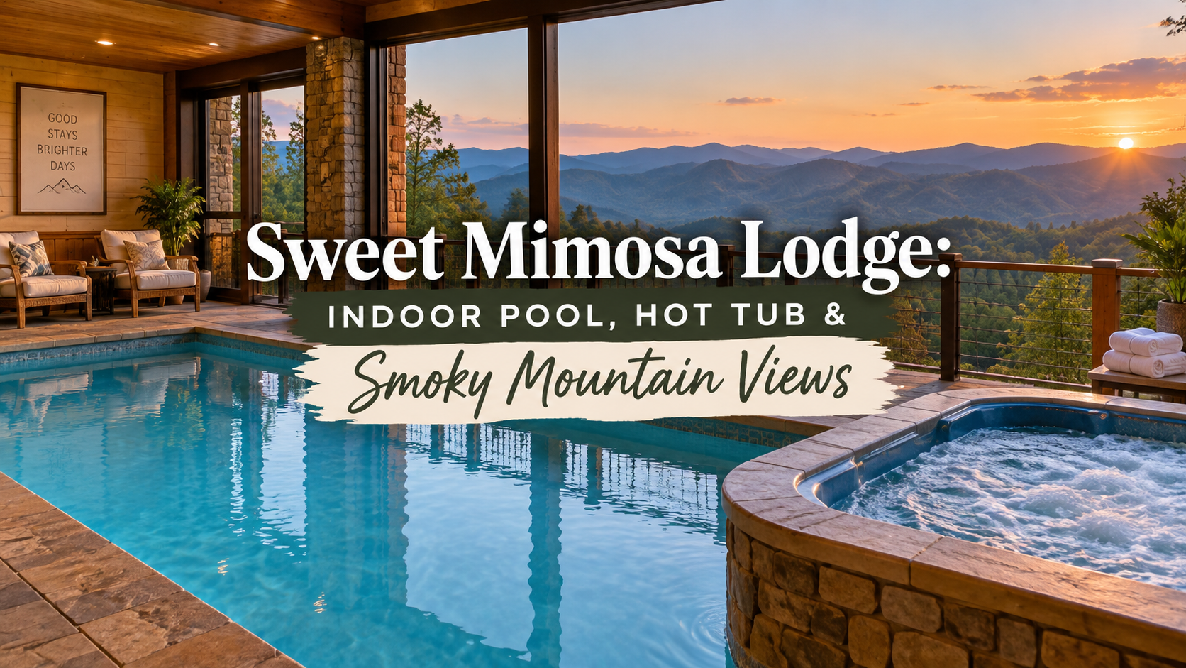 Sweet Mimosa Lodge indoor pool and hot tub with Smoky Mountain views at sunset