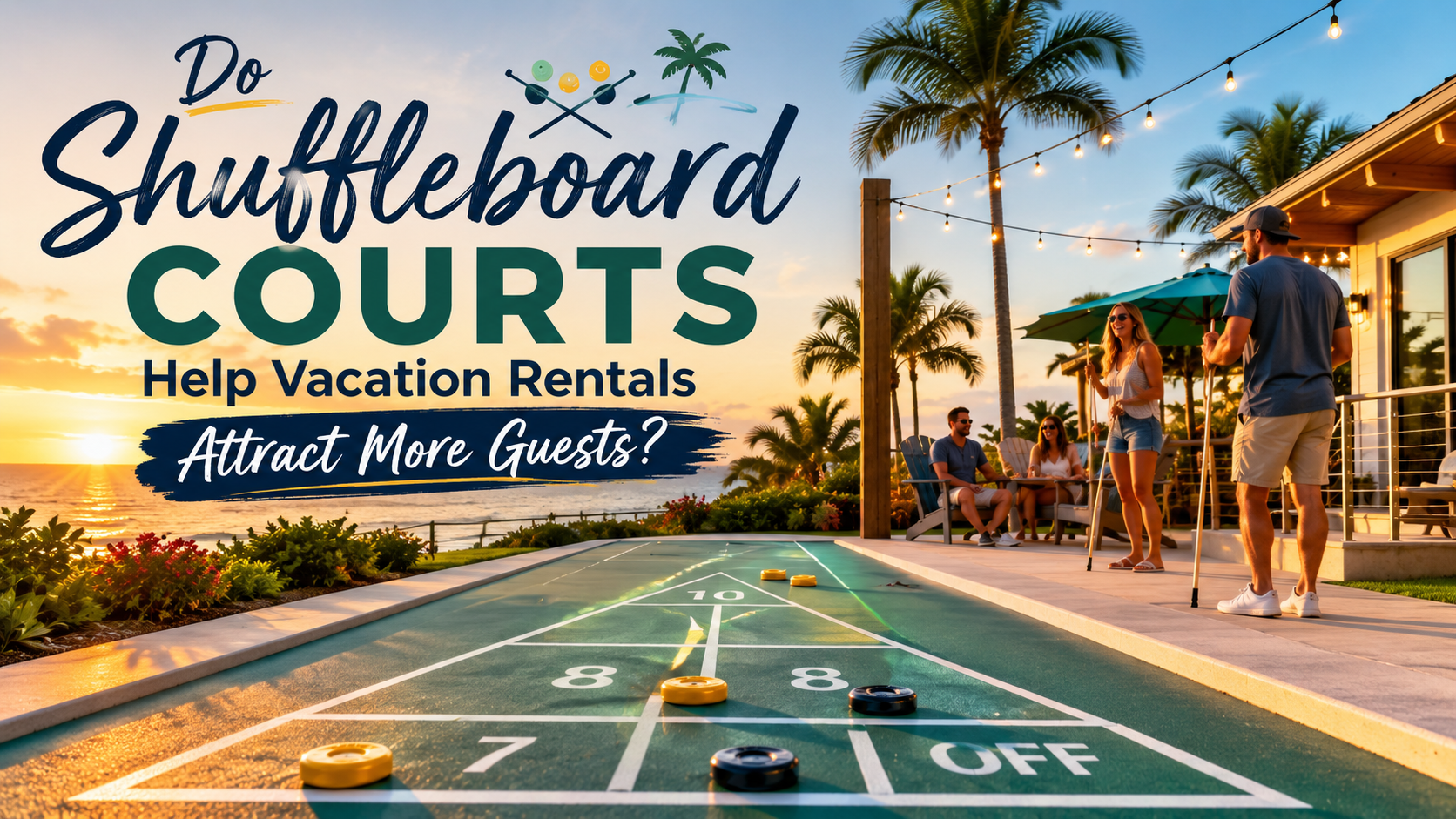 Shuffleboard court at a vacation rental with palm trees and people playing at sunset, promoting guest attraction