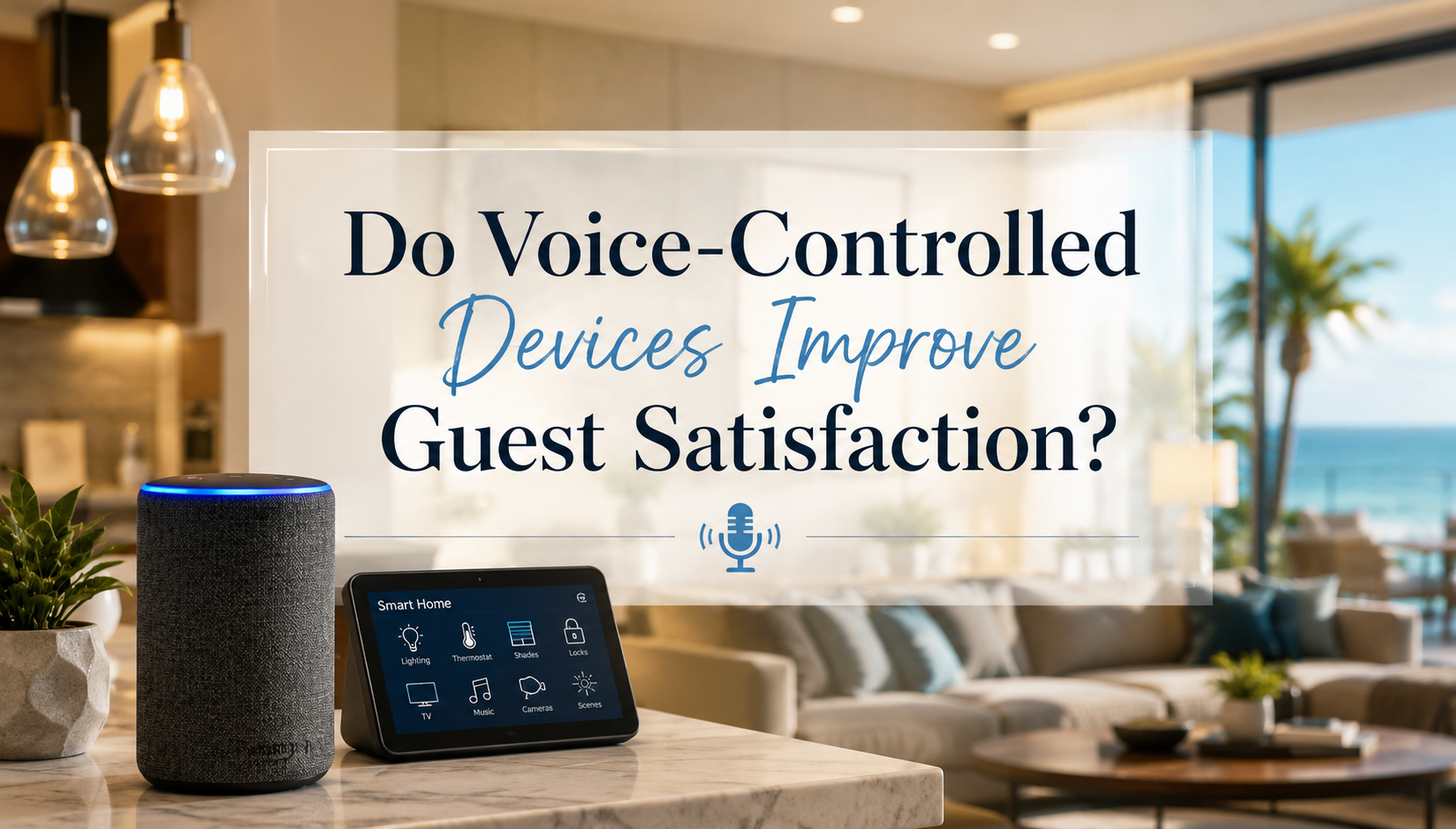 Smart speaker and tablet on a table with text: “Do Voice-Controlled Devices Improve Guest Satisfaction?”