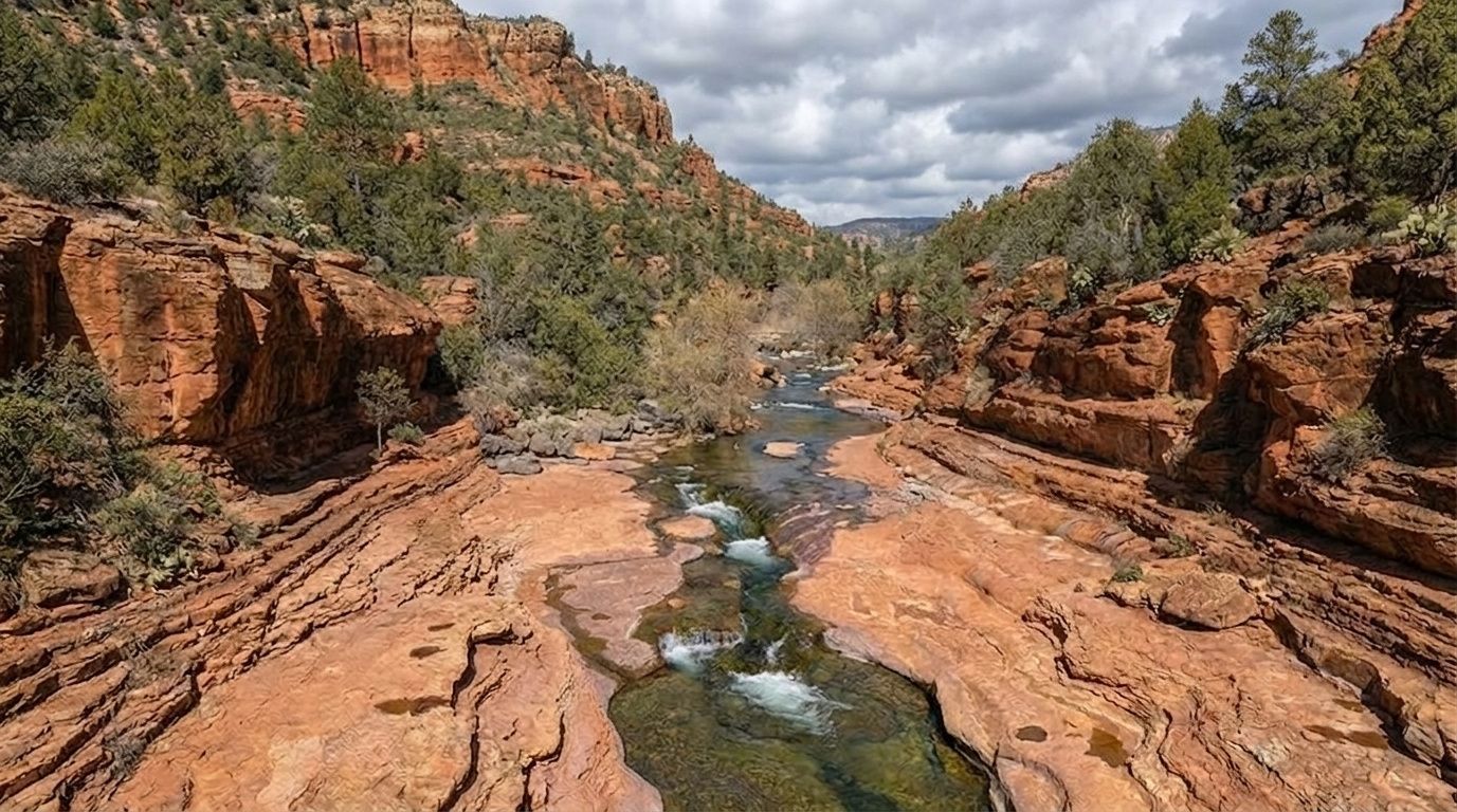 Red rock canyon with a shallow river winding through cliffs under a cloudy sky