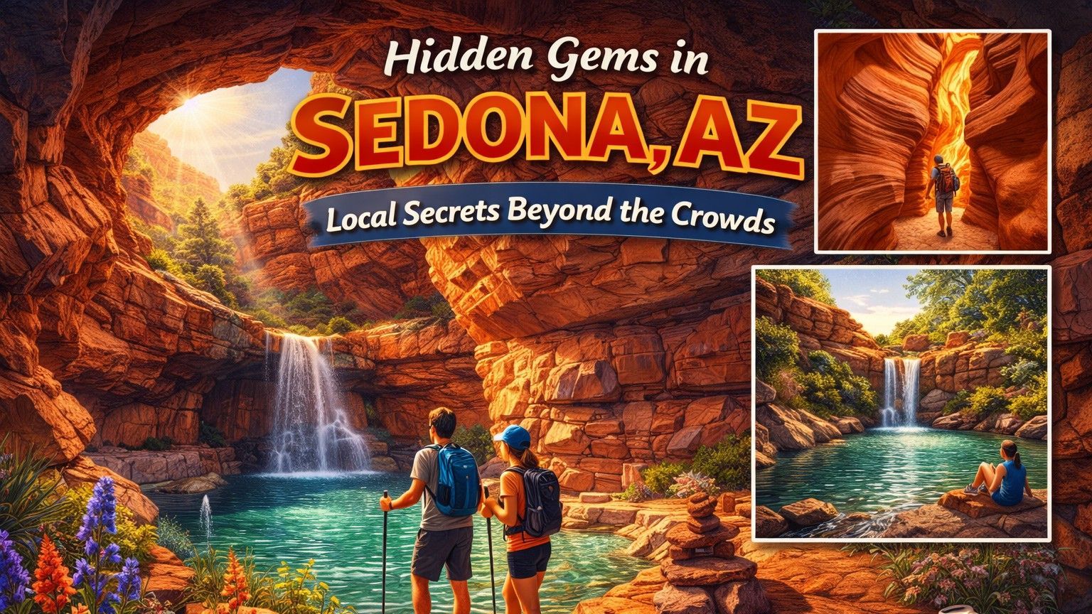 Sedona, AZ: Hikers near a waterfall in a canyon. Includes inset photos of other canyons. 