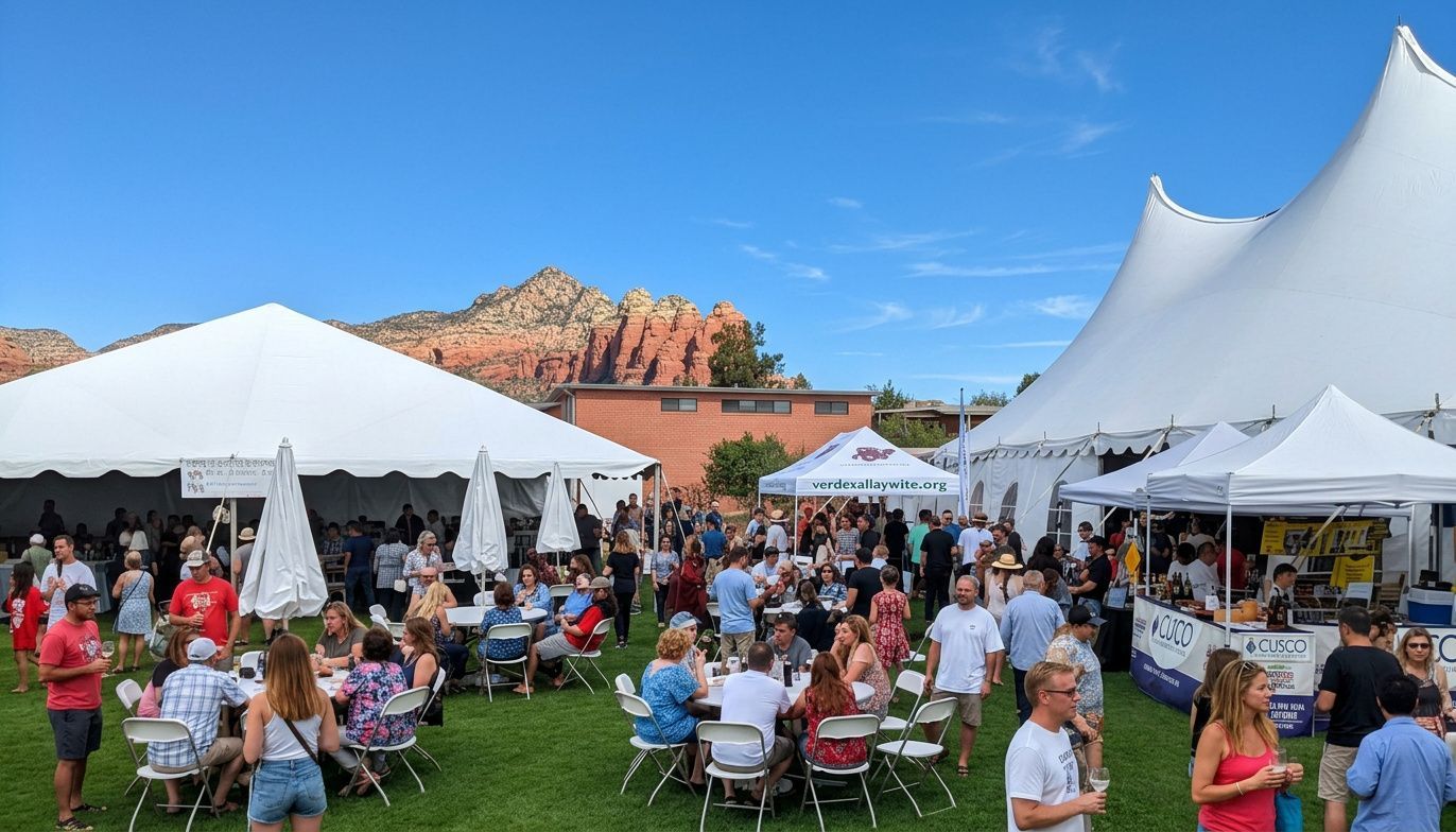 Crowd seated at outdoor festival tents with red rocks and blue sky in the background