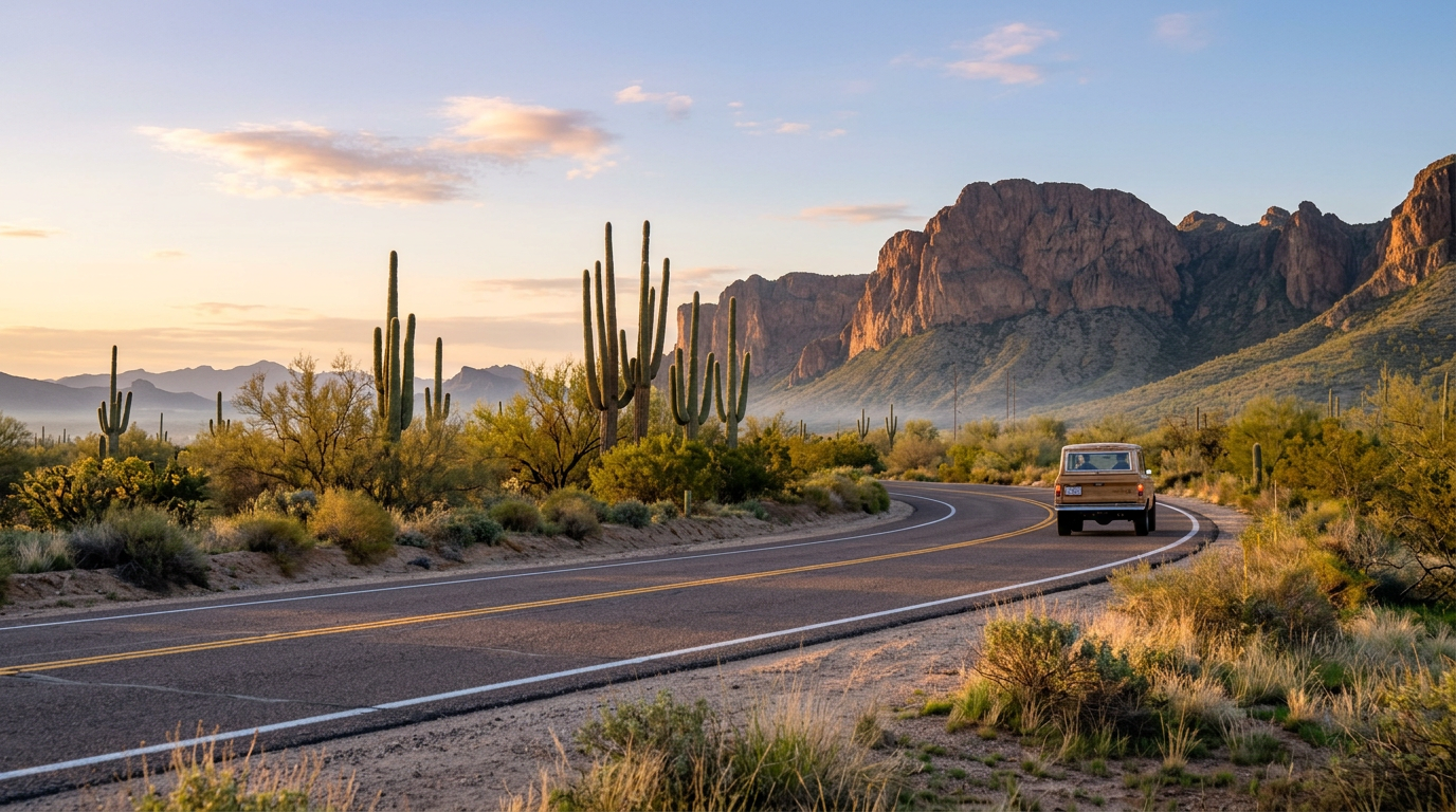 Desert highway curving past cacti and rocky mountains at sunset, with a car driving ahead.