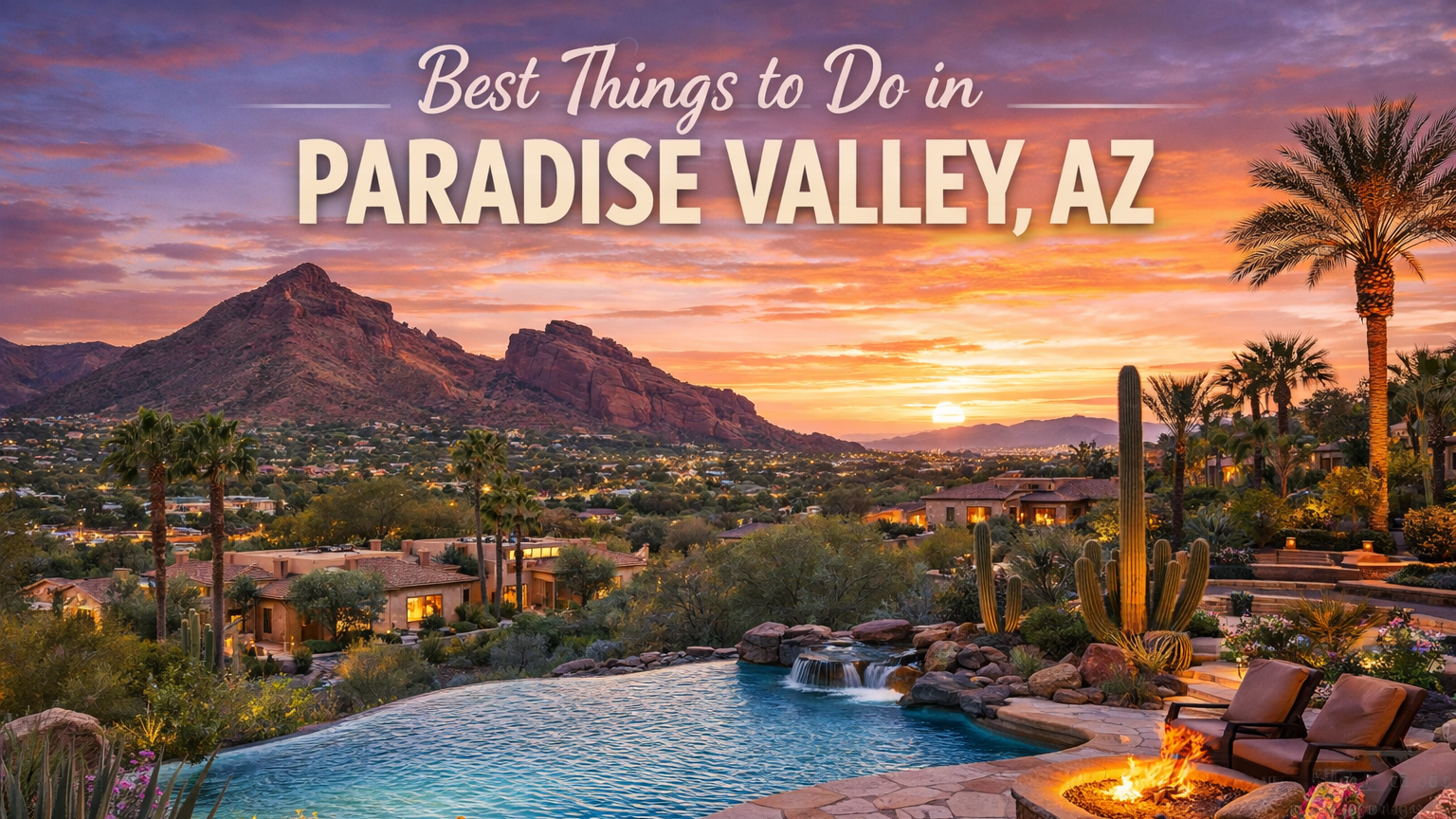 Sunset over Paradise Valley, Arizona, with a pool, mountains, palm trees, and the text 