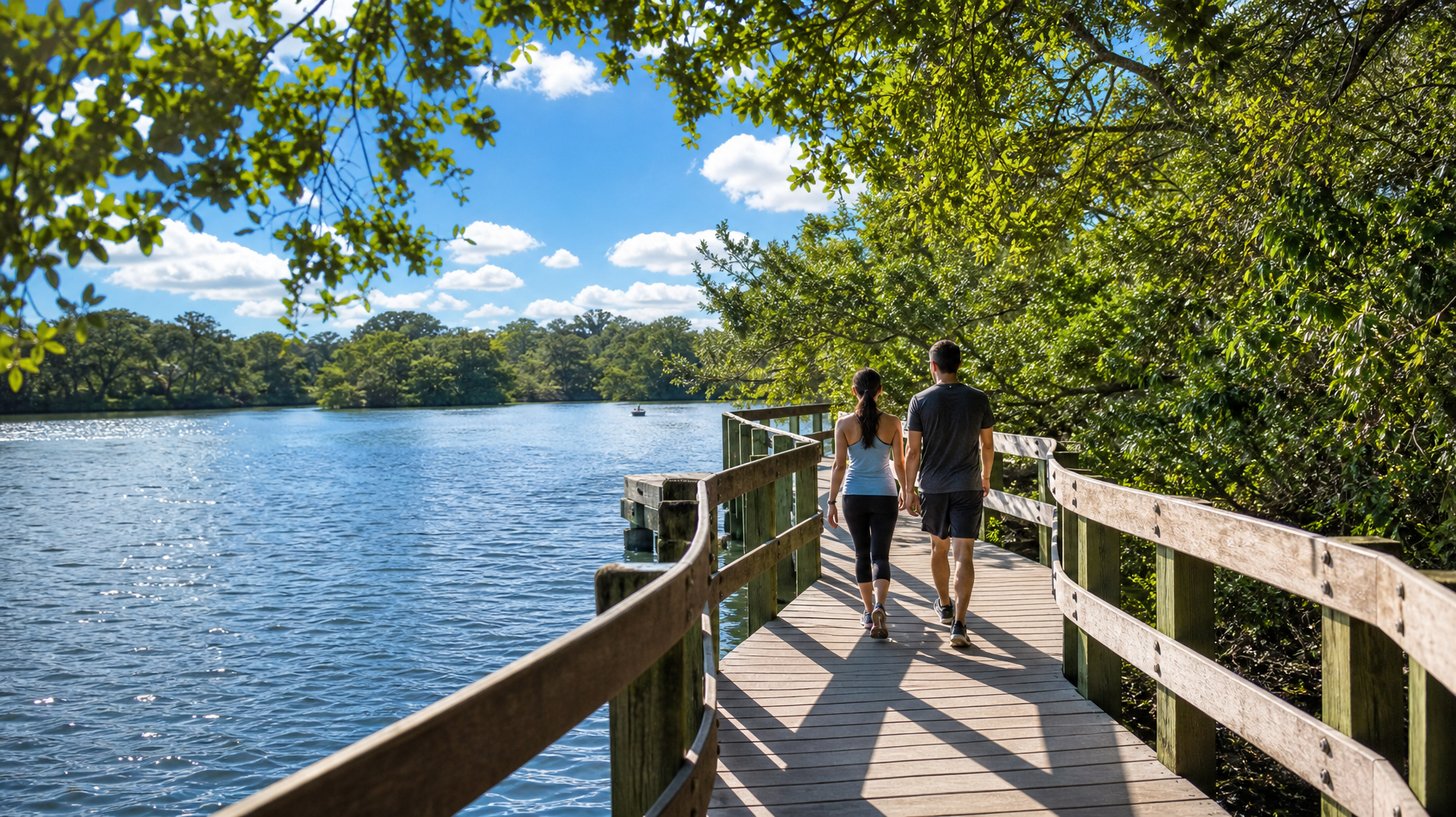 Two people walk on a wooden boardwalk beside a calm lake under a sunny, partly cloudy sky.