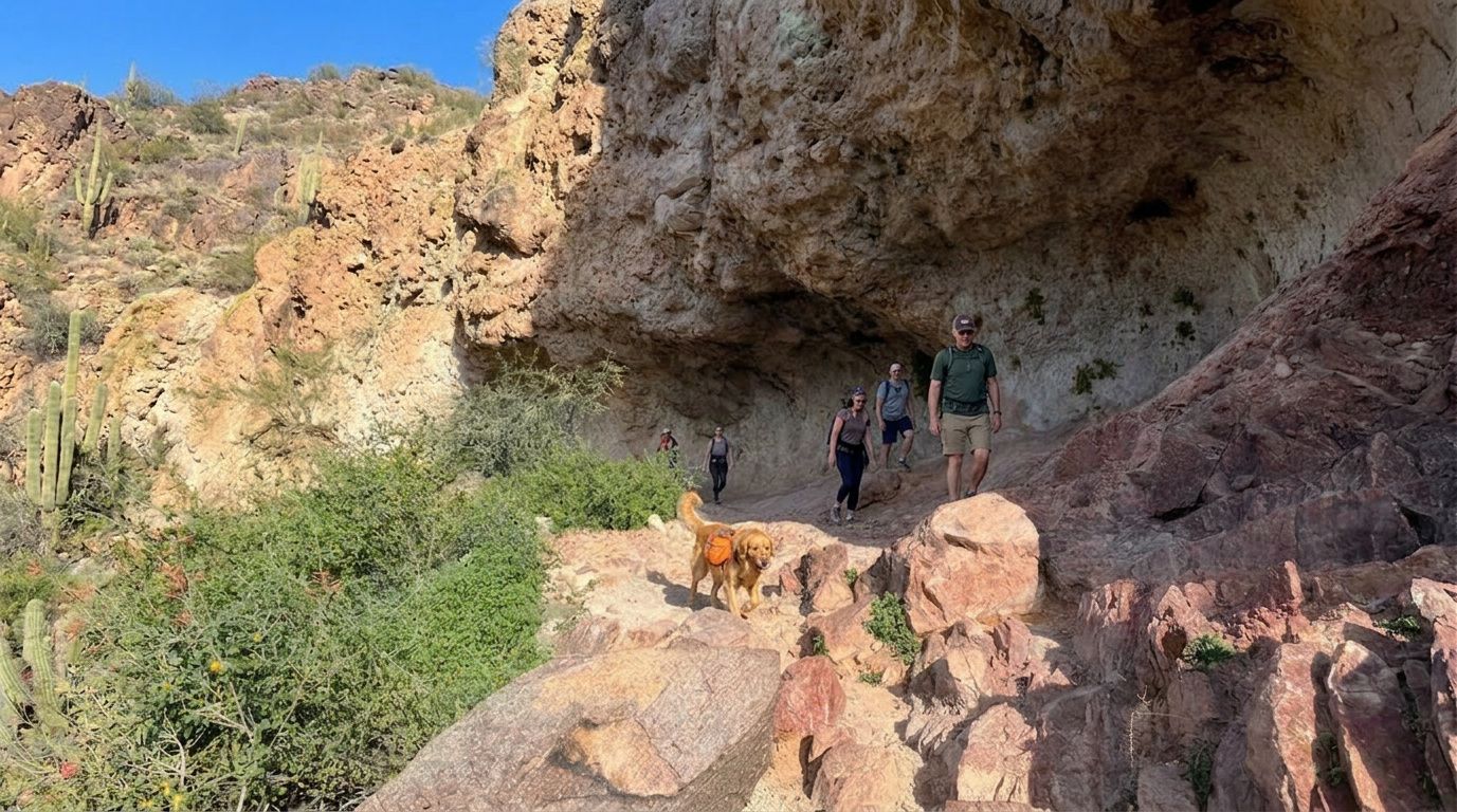 Hikers standing on a rocky ledge beside a canyon wall with desert greenery below