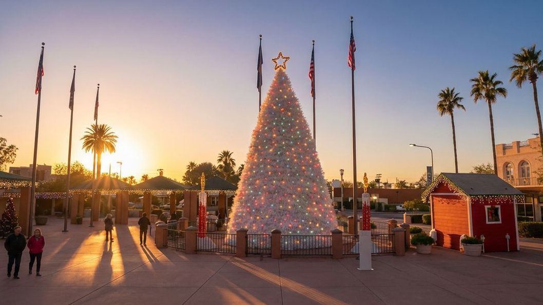 A brightly lit Christmas tree in a plaza at sunset, surrounded by flags, palm trees, and a small red building.