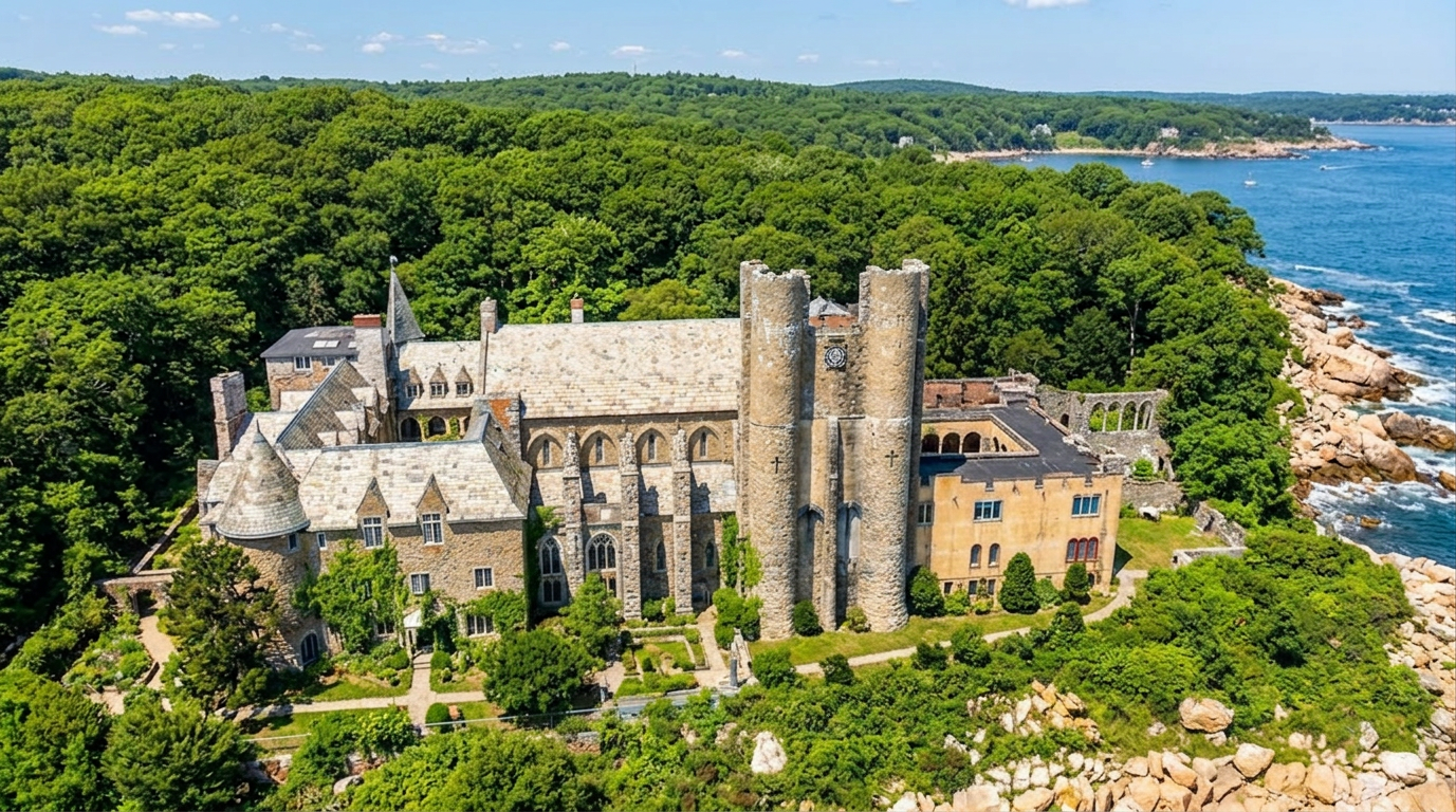 Stone castle by a rocky shoreline surrounded by dense green trees and blue ocean