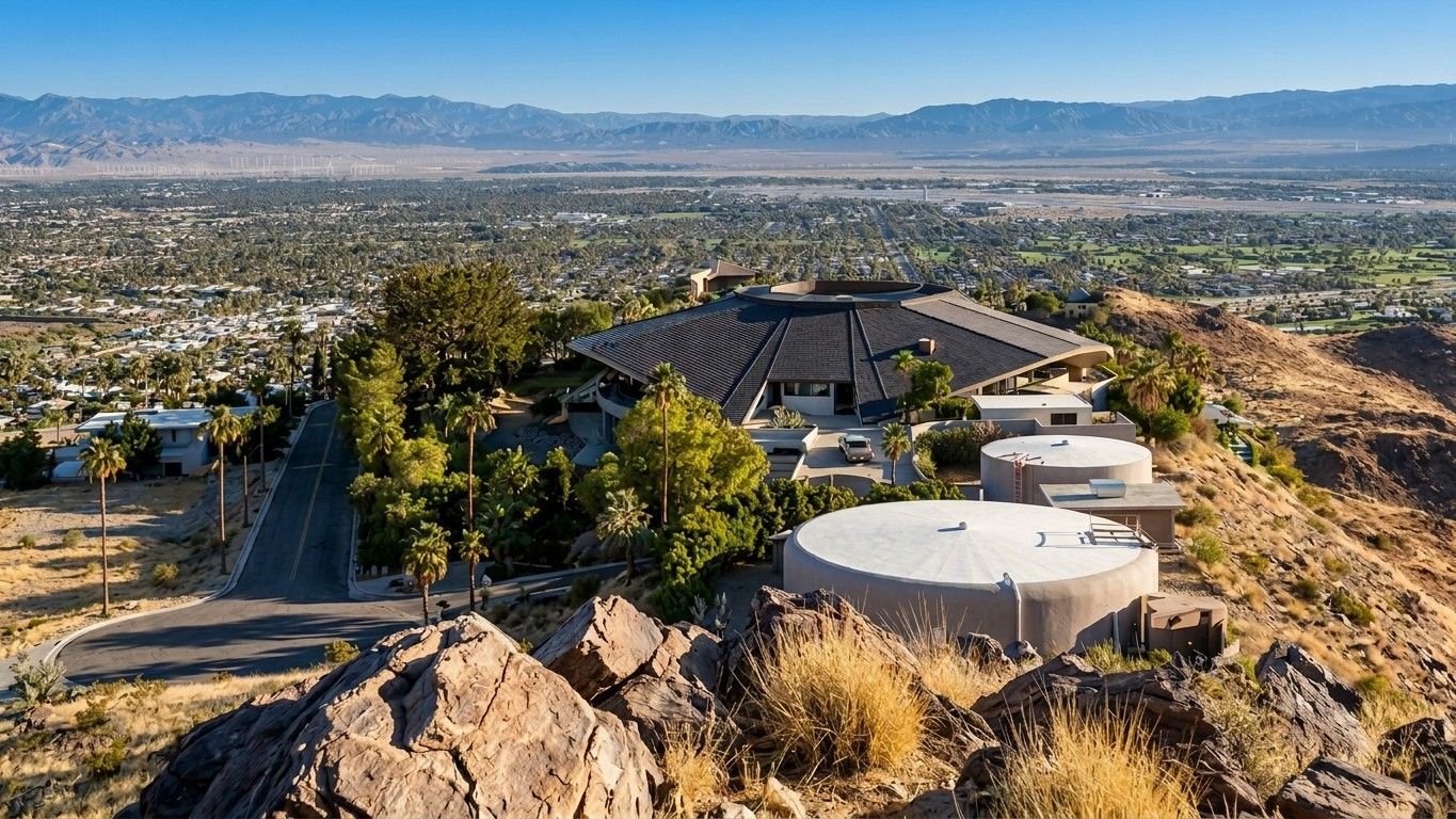 Aerial view of a hillside home with a large pool overlooking a sprawling city and mountains.