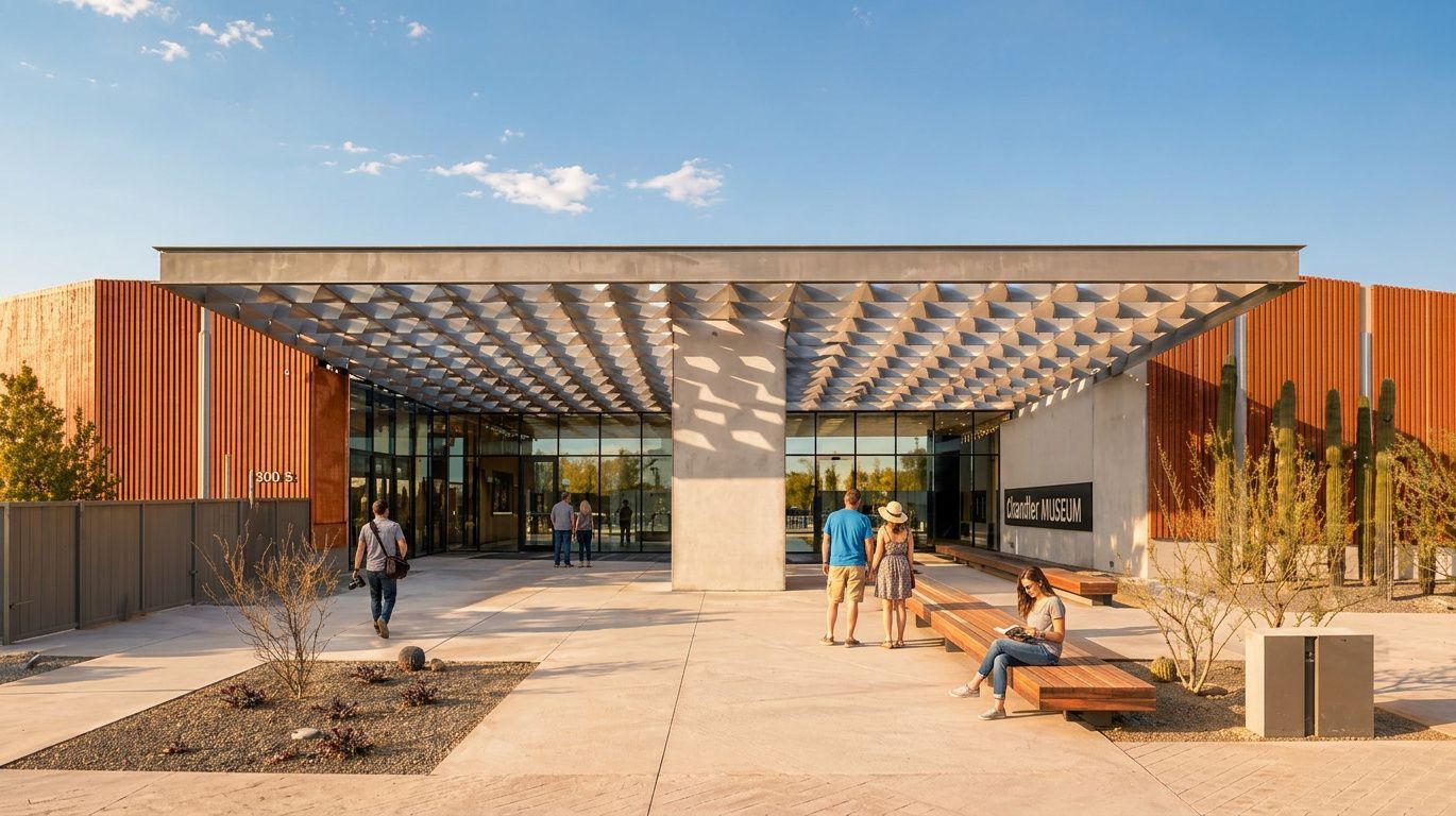 Modern building entrance with glass doors, wood slats, and people walking on a sunny patio