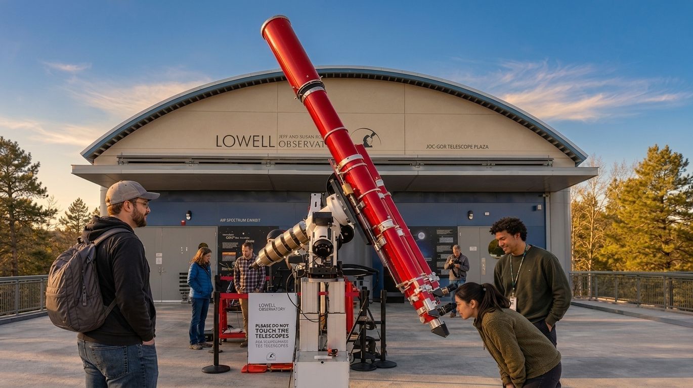 People gathered outside a building around a tilted red telescope-like sculpture at dusk.