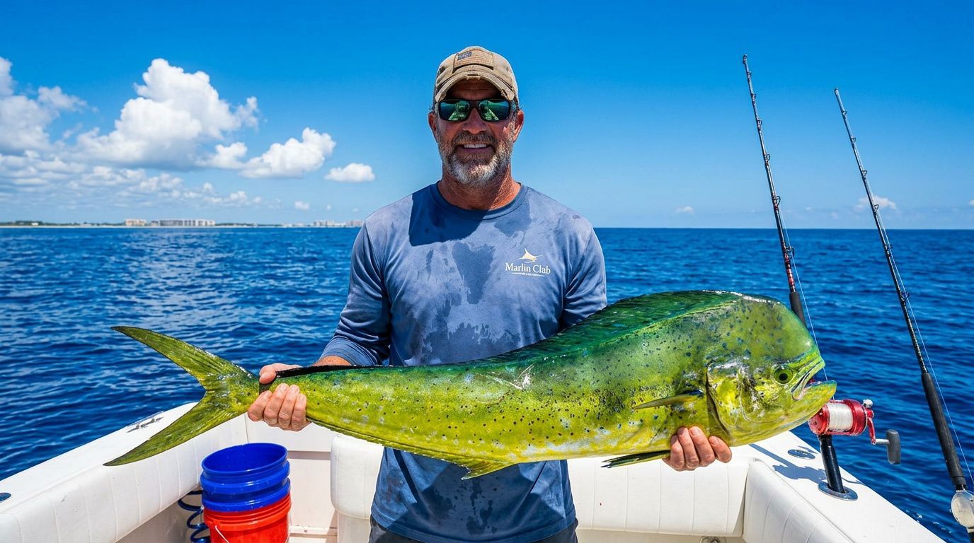 Man holding a large green-yellow fish on a boat with ocean and blue sky in the background