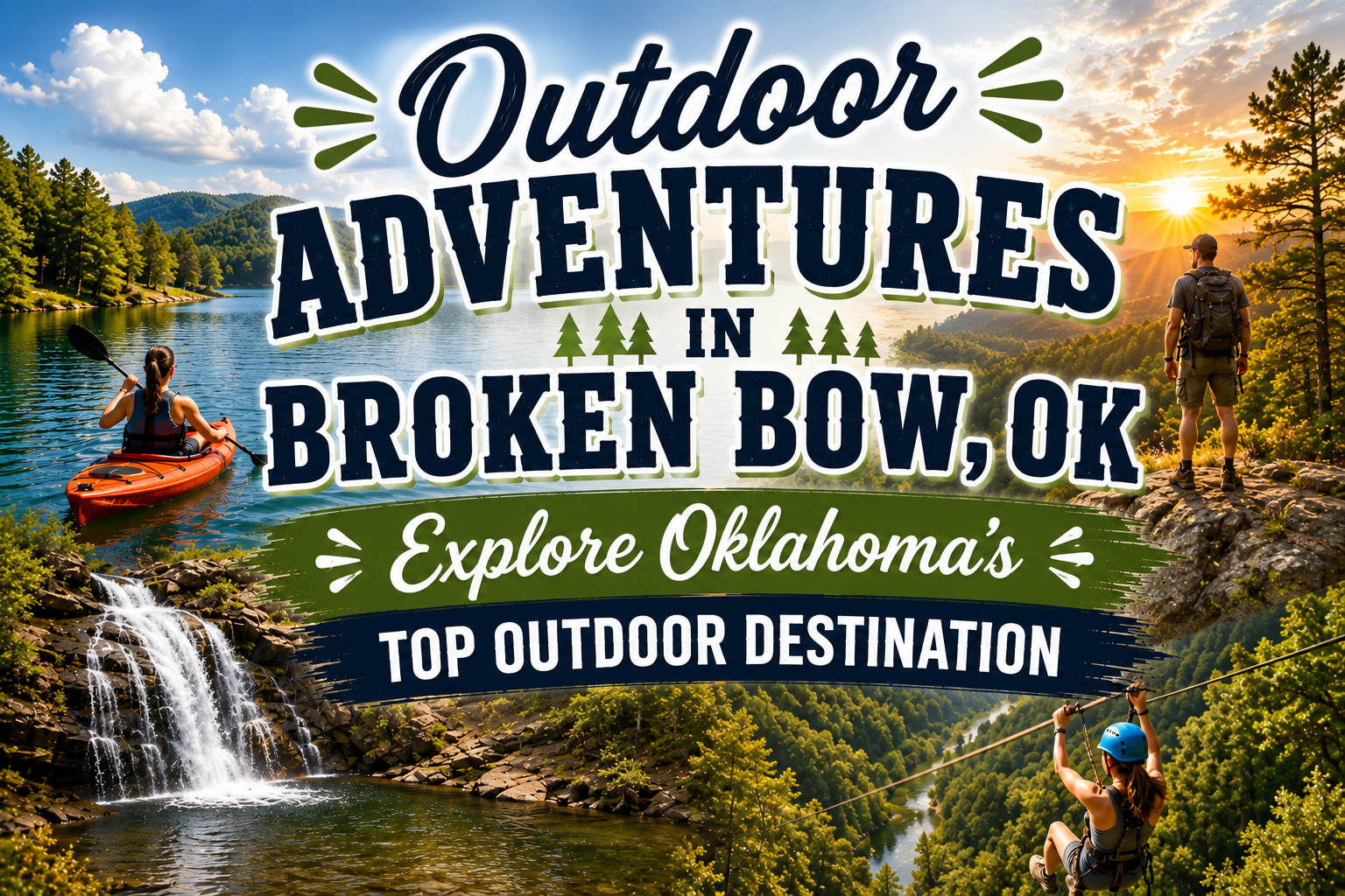 Outdoor Adventures in Broken Bow, OK, with waterfalls, forest, lake, and kayakers under a scenic title banner