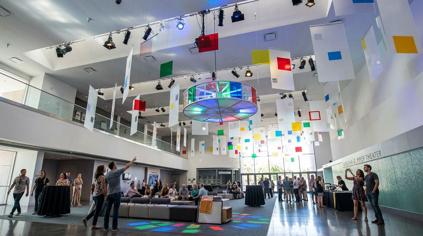 Crowded indoor atrium with hanging colorful squares, bright lights, and people mingling below