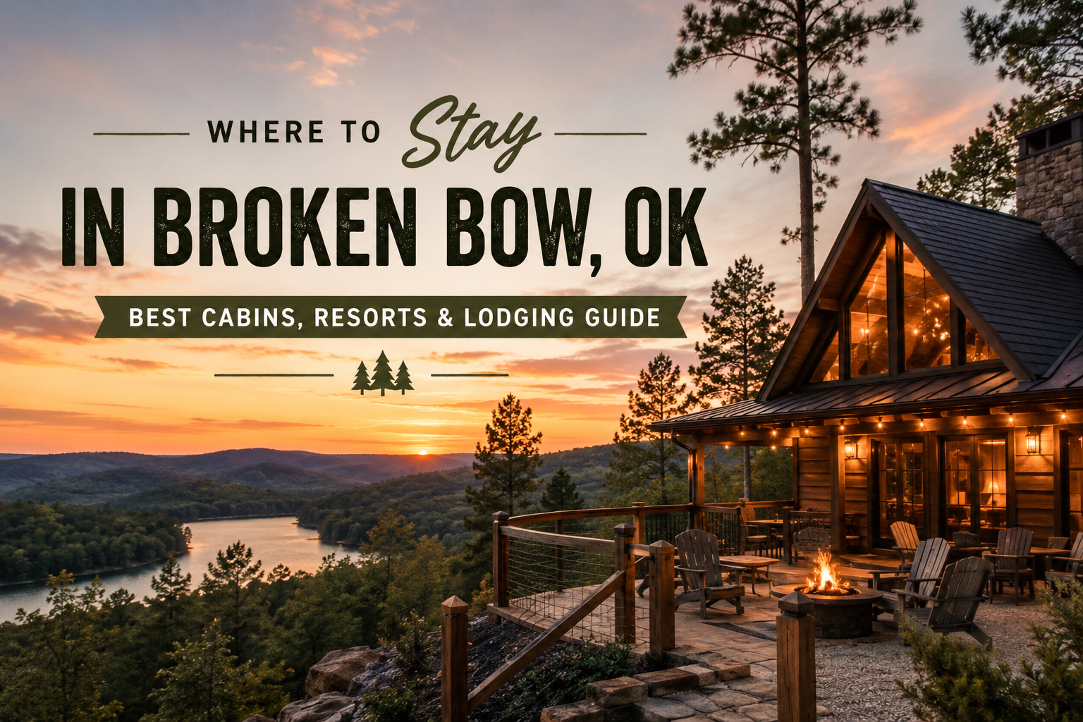 Sunset view of Broken Bow, OK cabin resort overlooking a river with warm lights and wooden deck
