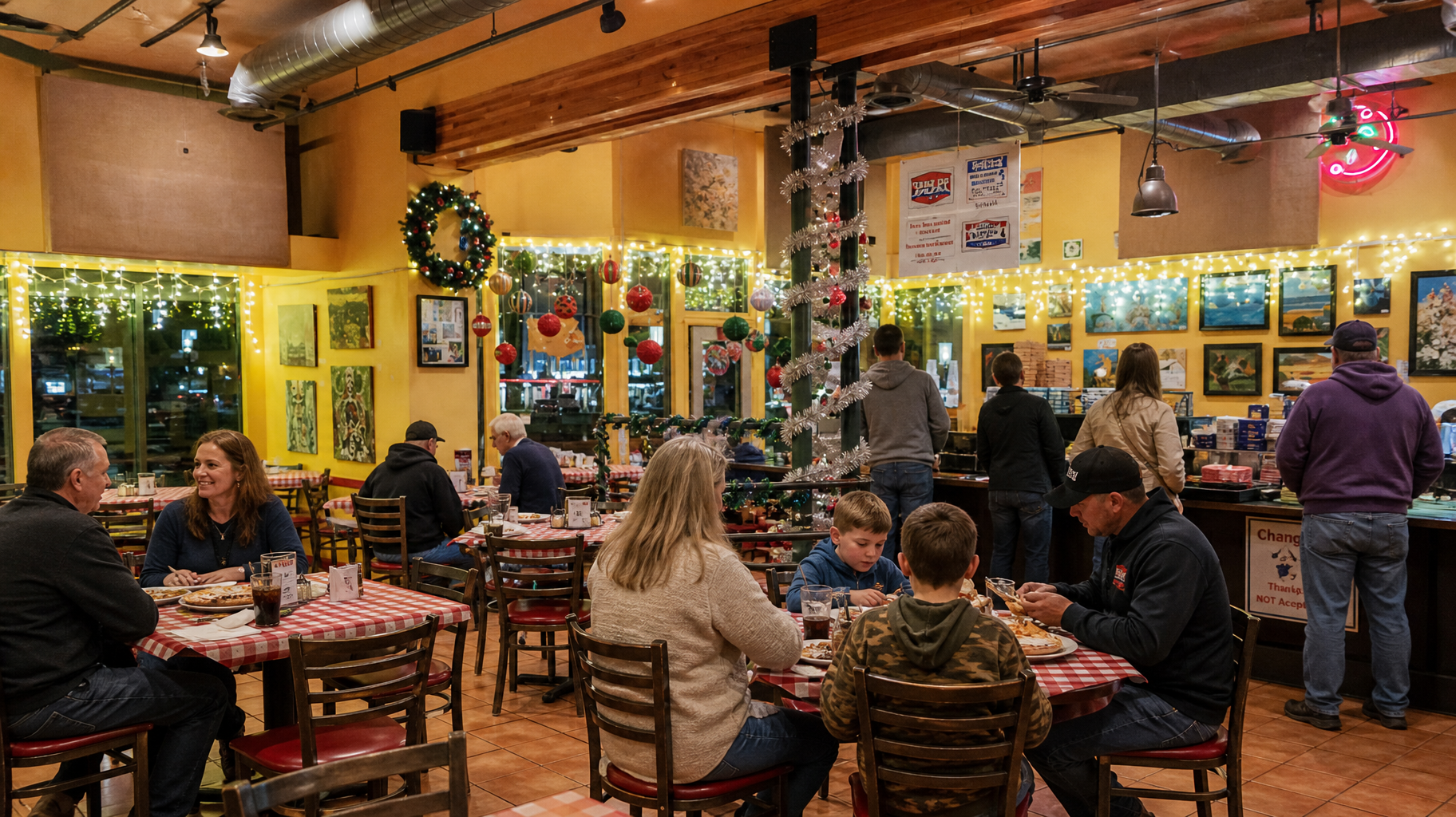 People dining in a cozy, decorated restaurant with warm lights and festive holiday wreaths on the walls