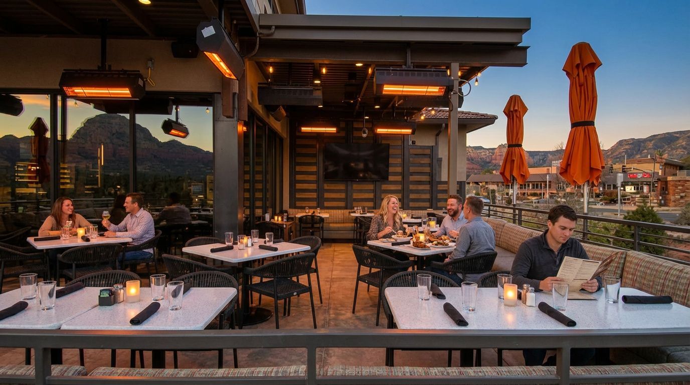 Patrons dine on a restaurant patio at dusk, featuring orange umbrellas and tables with views of distant rock formations.