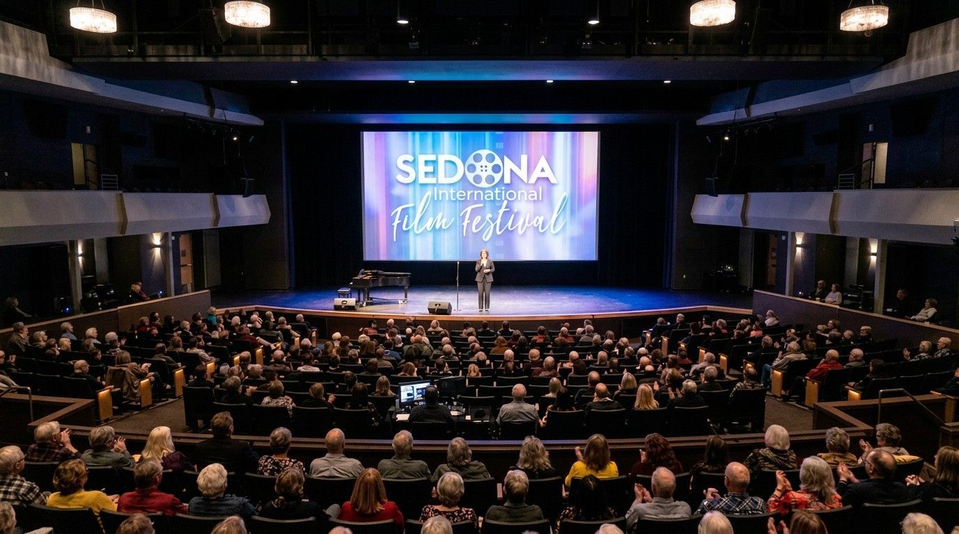 Large auditorium with a speaker on stage and a blue-lit screen reading “SEDONA” behind a seated audience.